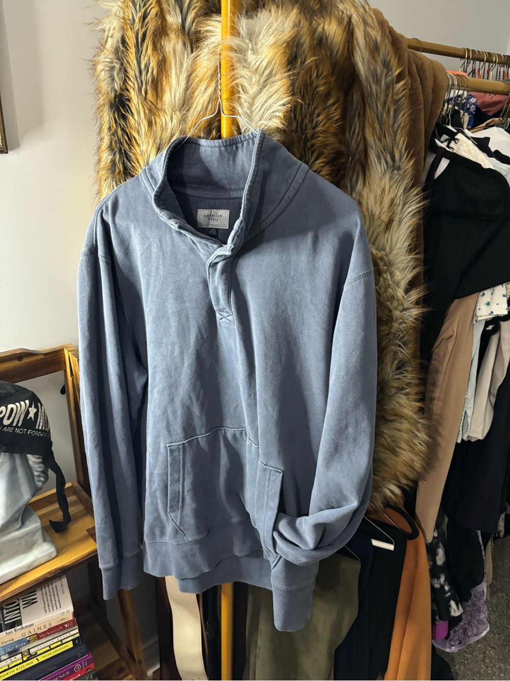 American Eagle Outfitters Slate Blue Shawl-Collar Pullover Sweater